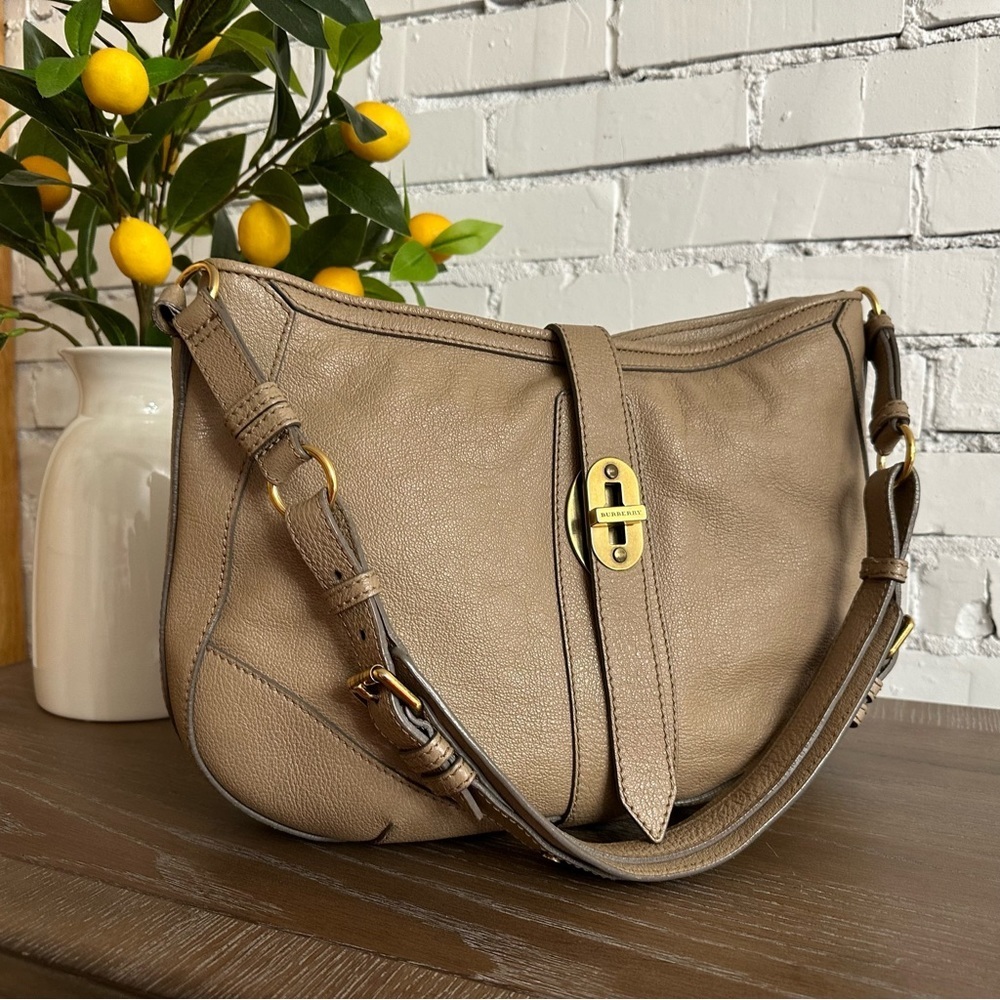 Burberry Taupe Leather Hobo Shoulder Bag with Gold Hardware